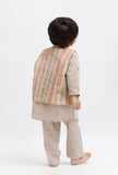 Set Of 3:  Beige Dobby Kurta and Beige Pant with Beige Striped Nehru Jacket