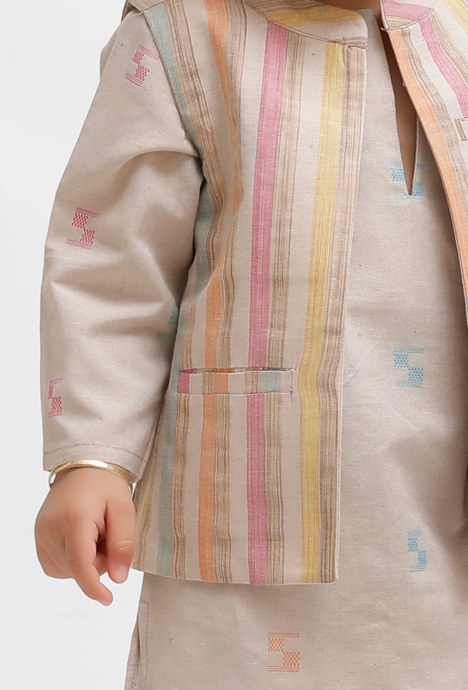 Set Of 3:  Beige Dobby Kurta and Beige Pant with Beige Striped Nehru Jacket