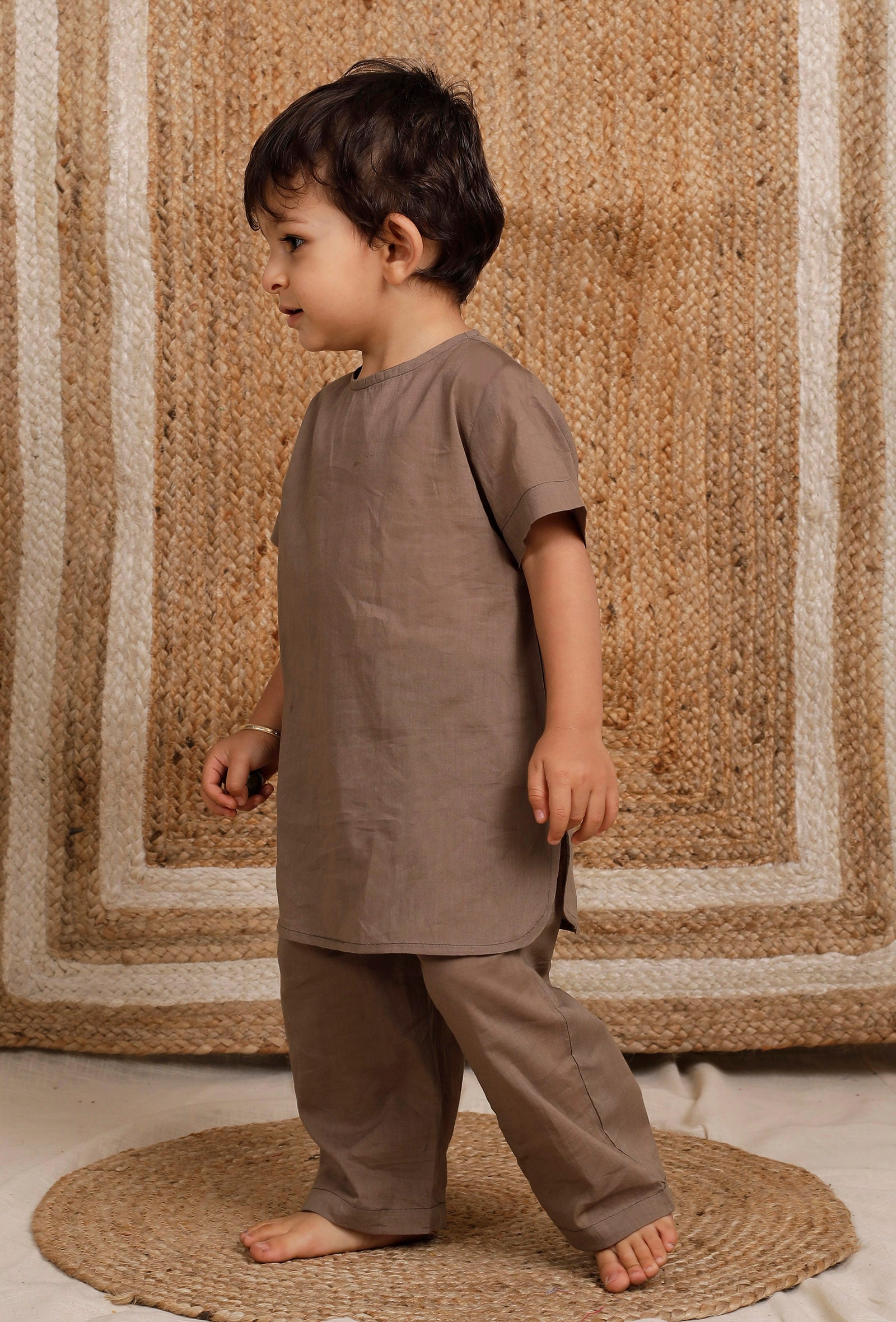 Set Of 2: Light Brown Mul Mul Kurta With Light Brown Mul Mul Pant