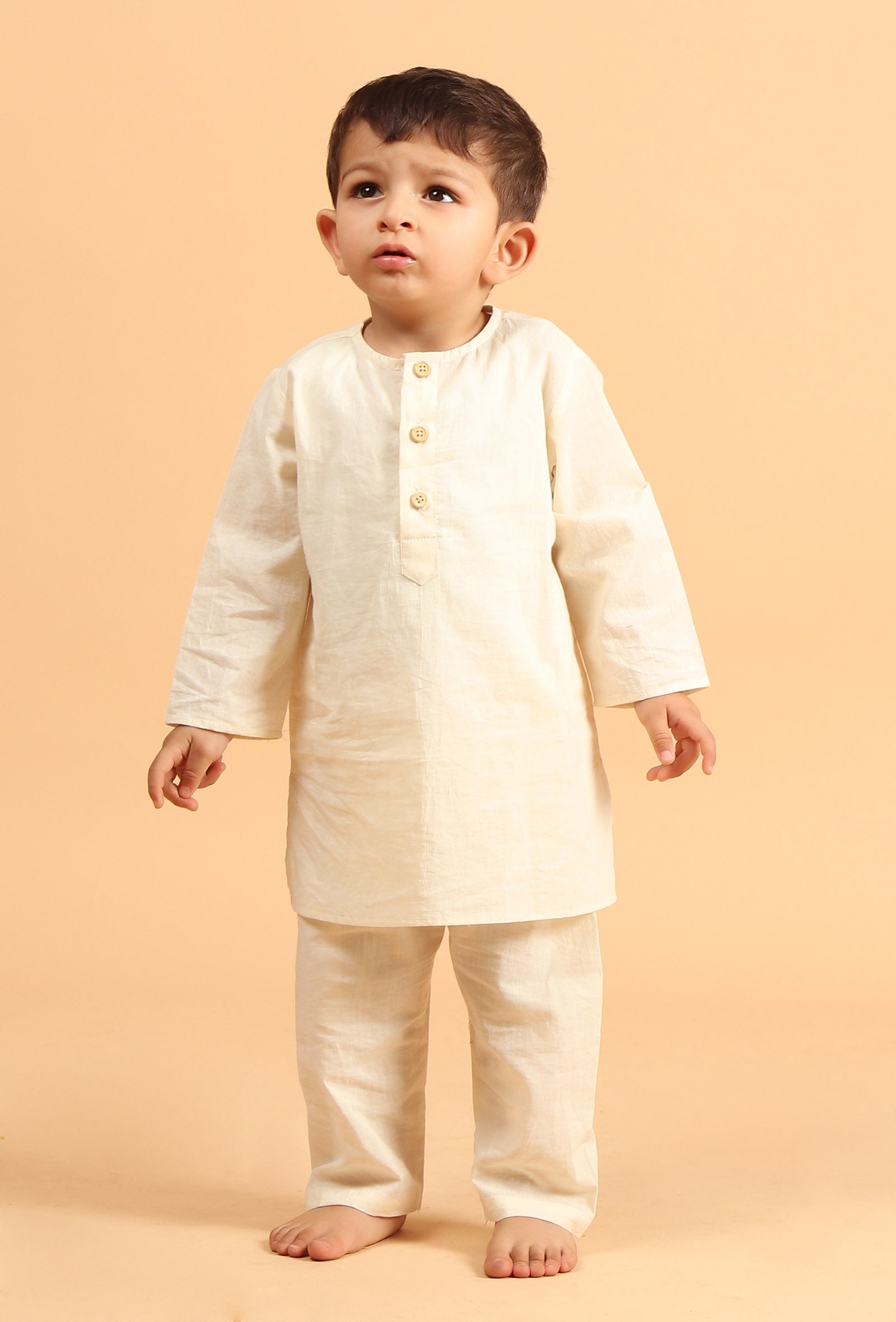 Set Of 3: Ark Off White Cotton Kurta, Pyjama & Indigo Ajrakh Jacket