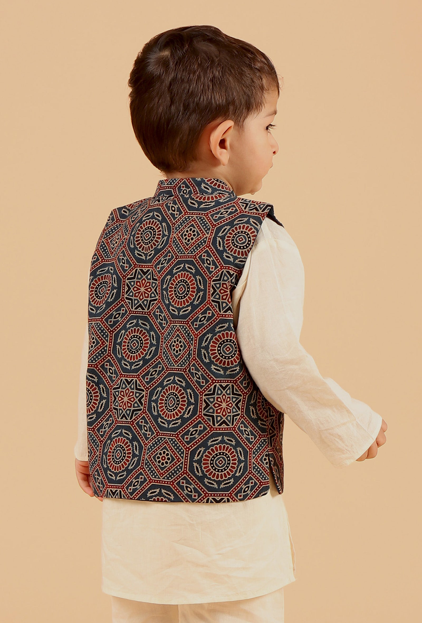 Taha Indigo Ajrakh Print Cotton Nehru Jacket