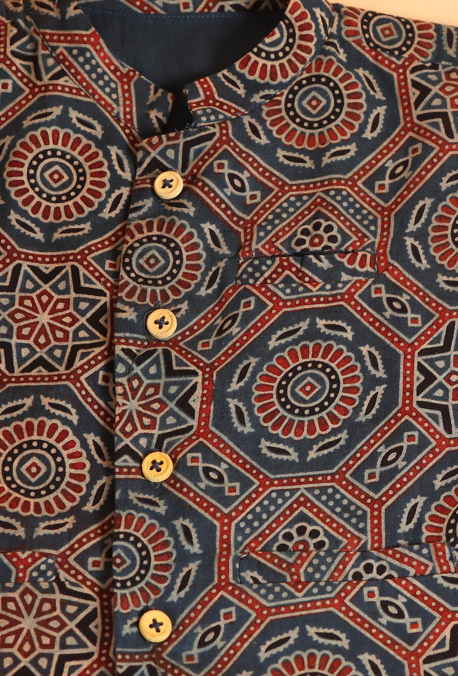 Taha Indigo Ajrakh Print Cotton Nehru Jacket