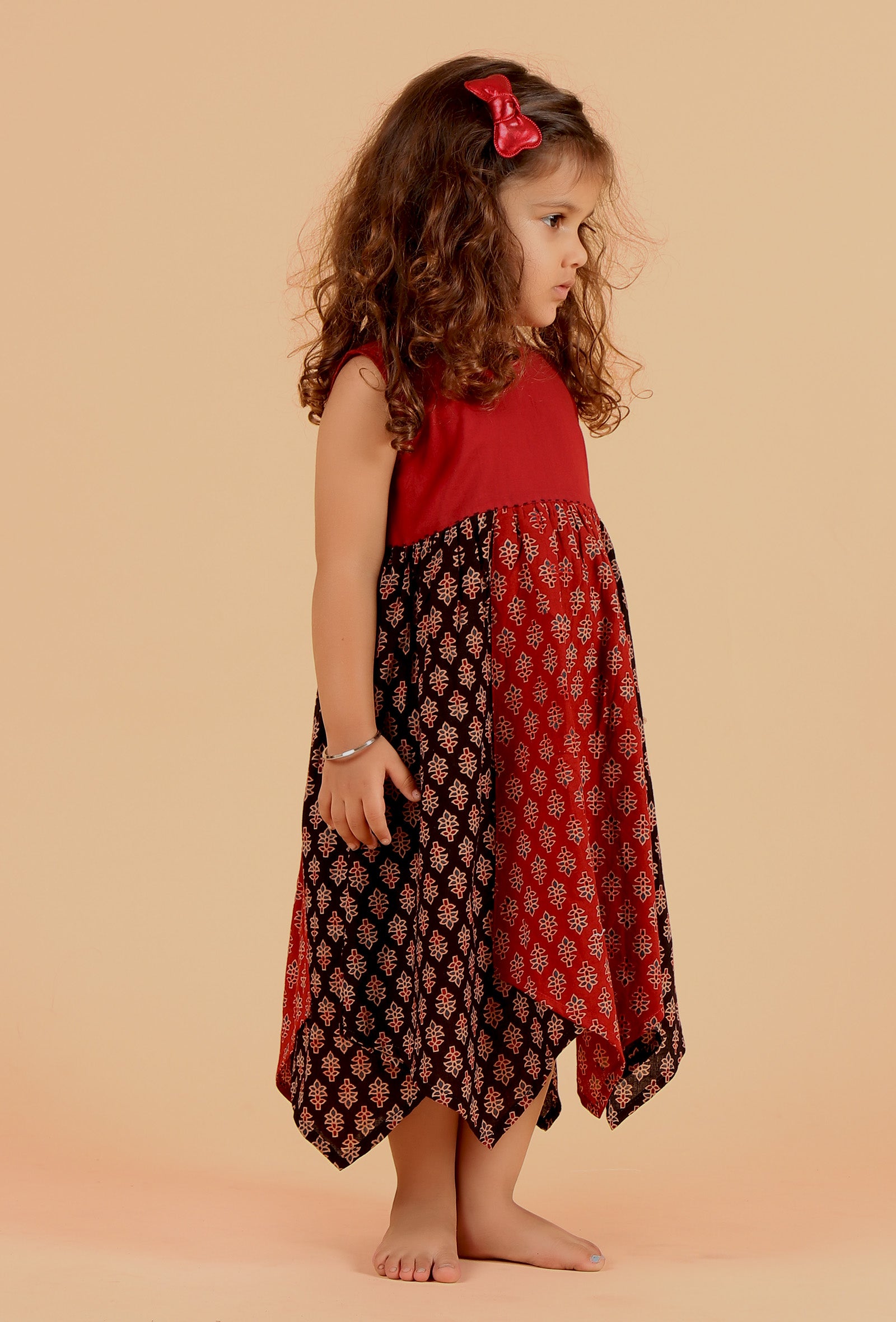 Charvi Black & Madder Red Ajrakh Print Cotton Asymmetrical Dress