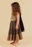 Set Of 3: Adya Khaki Ajrakh Print Cotton Top, Black Skirt & Dupatta