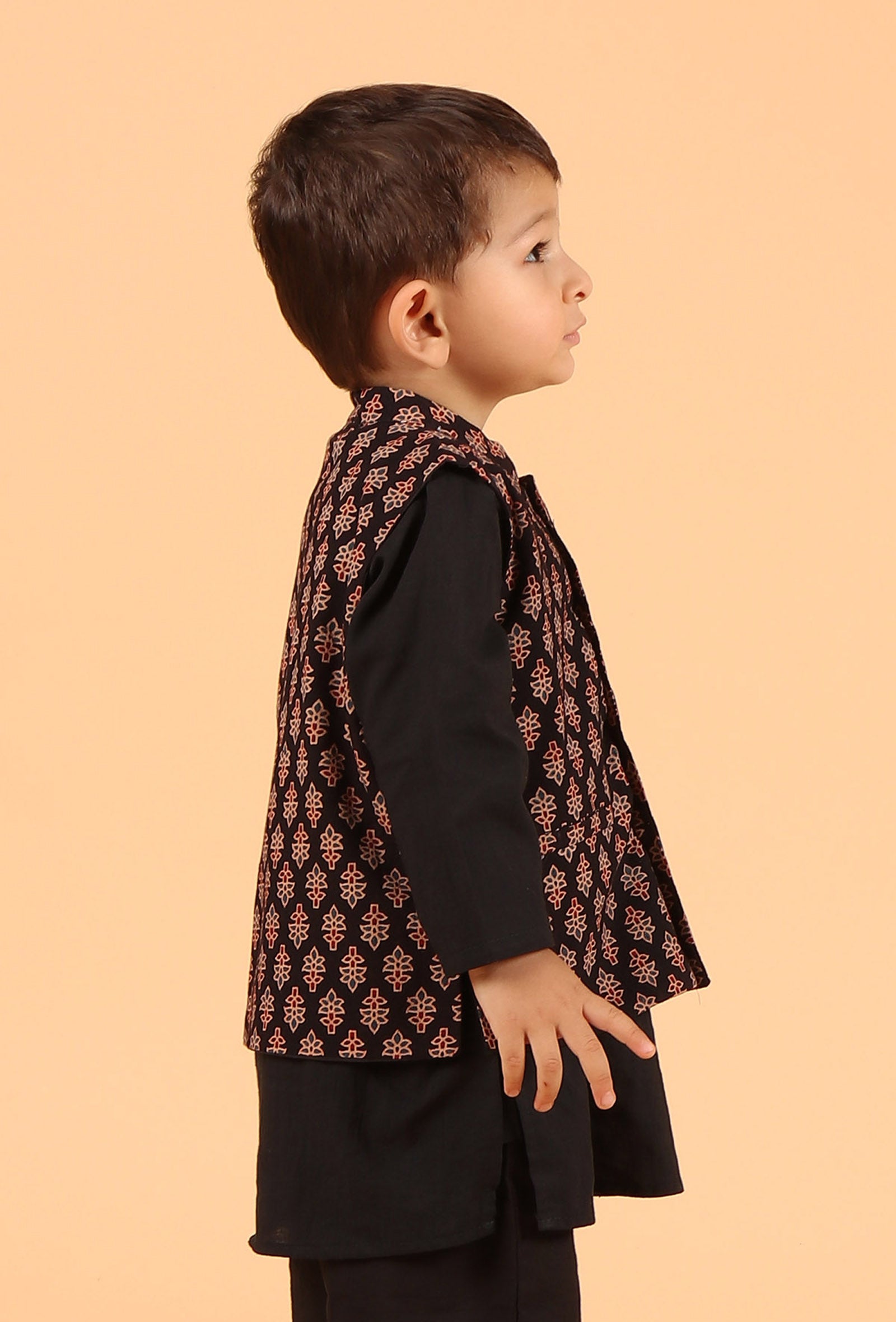 Evan Black Ajrakh Print Cotton Nehru Jacket