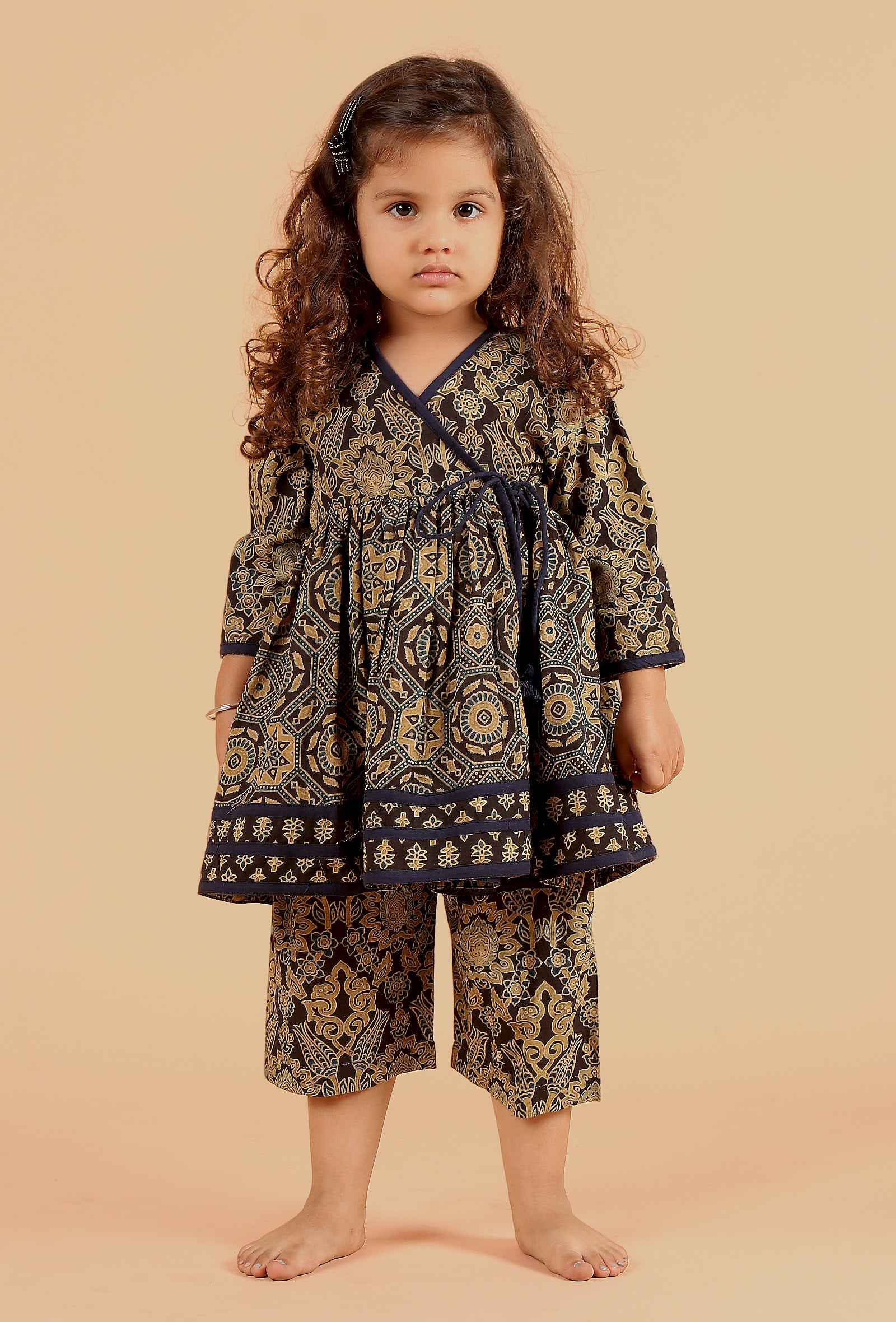 Set Of 2: Eti Khaki Black Multi Ajrakh Print Cotton Angrakha Kurta & Capri