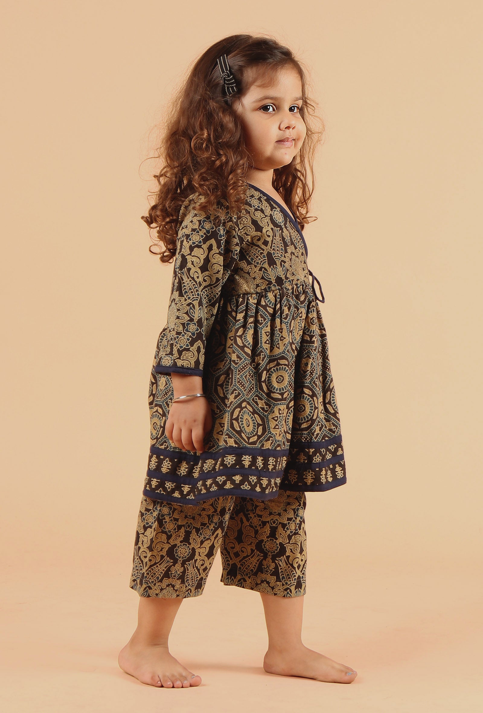 Set Of 2: Eti Khaki Black Multi Ajrakh Print Cotton Angrakha Kurta & Capri