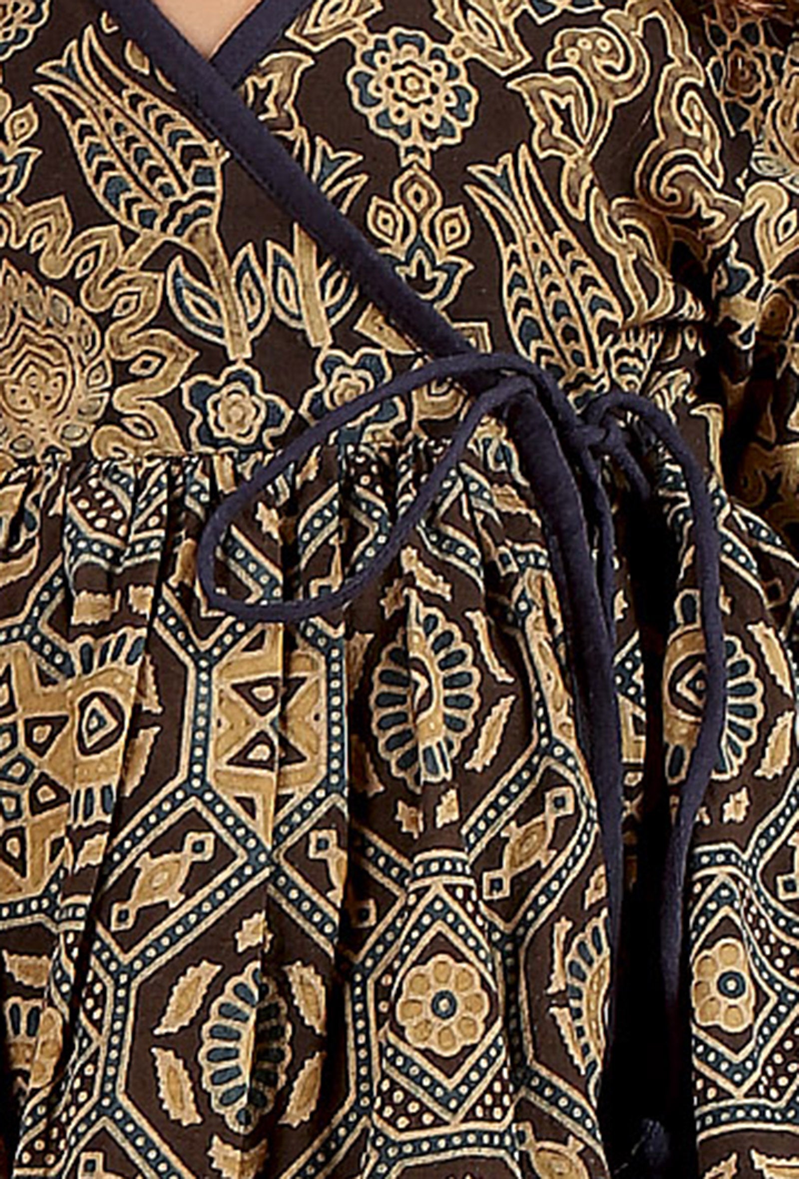 Set Of 2: Eti Khaki Black Multi Ajrakh Print Cotton Angrakha Kurta & Capri