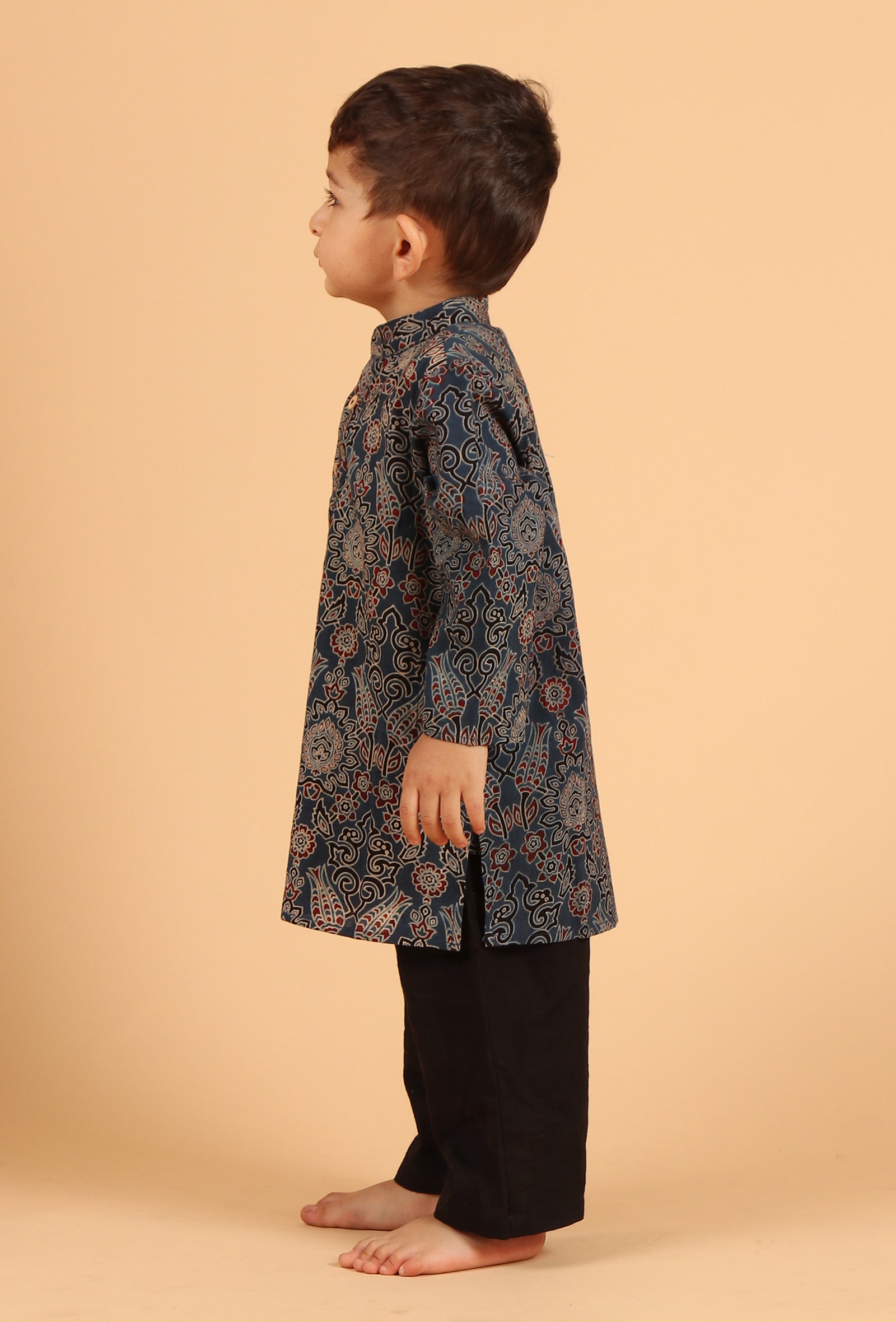 Set Of 2: Gatik Indigo Ajrakh Print Cotton Kurta & Black Pyjama
