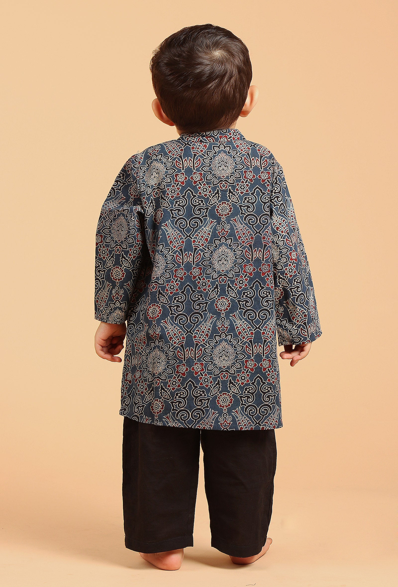 Set Of 2: Gatik Indigo Ajrakh Print Cotton Kurta & Black Pyjama