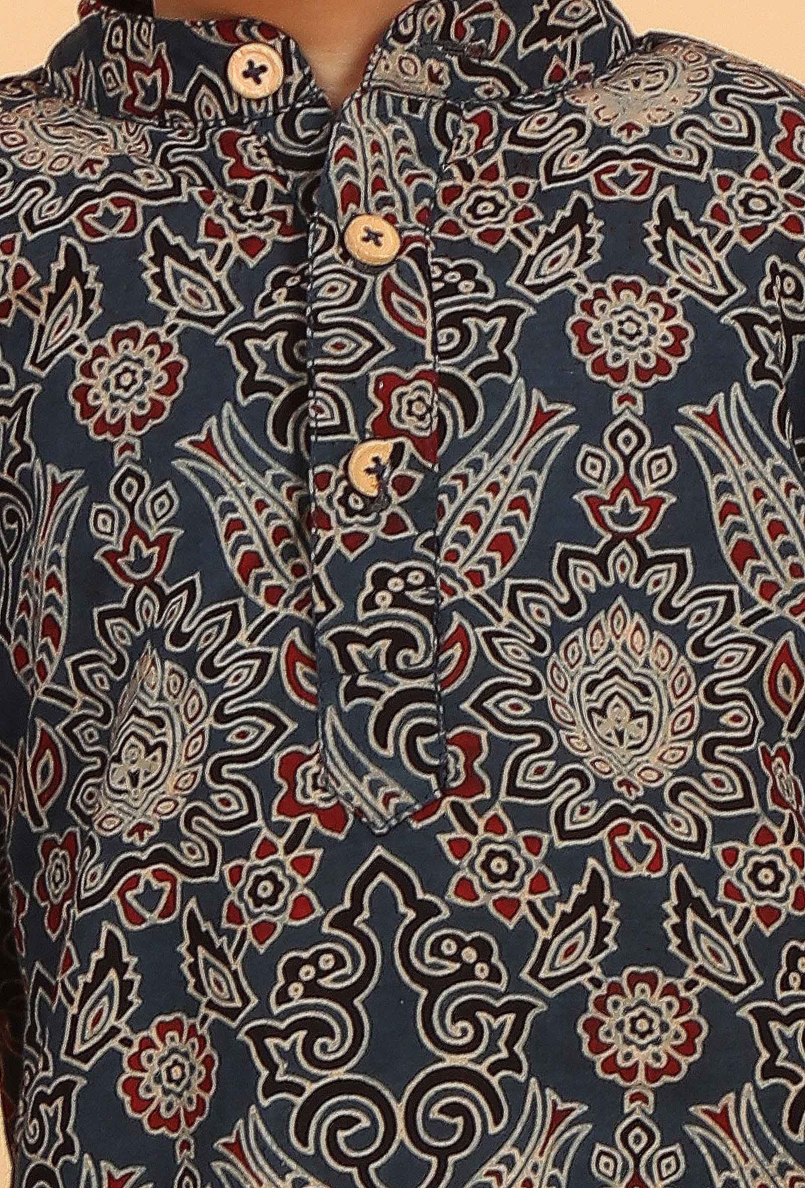 Set Of 2: Gatik Indigo Ajrakh Print Cotton Kurta & Black Pyjama