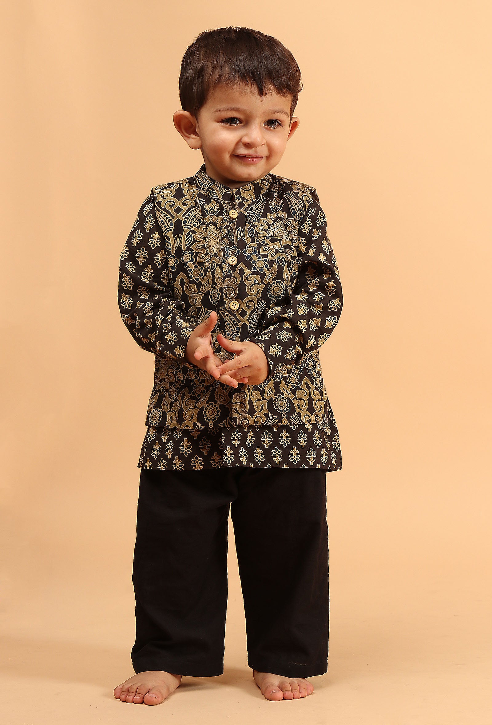 Set Of 3: Moksh Black Cotton Kurta, Pyjama & Ajrakh Print Jacket