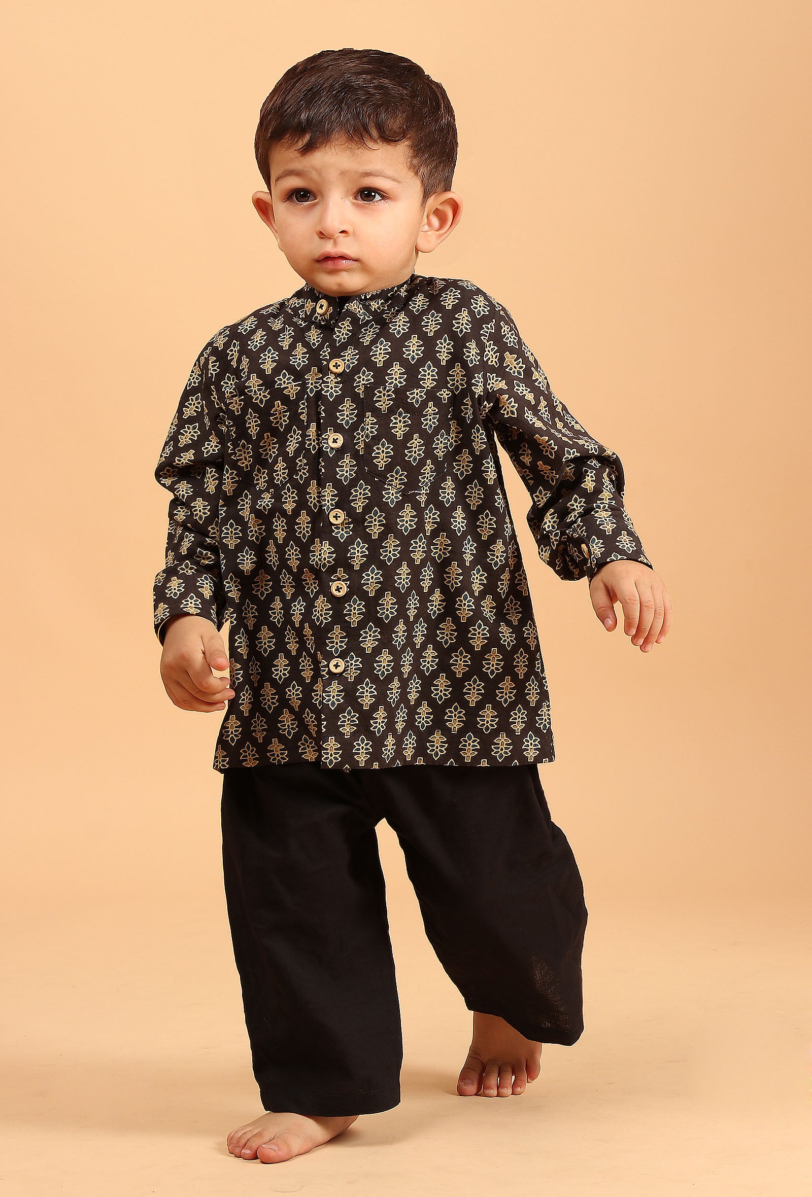 Set Of 3: Moksh Black Cotton Kurta, Pyjama & Ajrakh Print Jacket