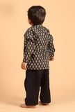 Set Of 3: Moksh Black Cotton Kurta, Pyjama & Ajrakh Print Jacket
