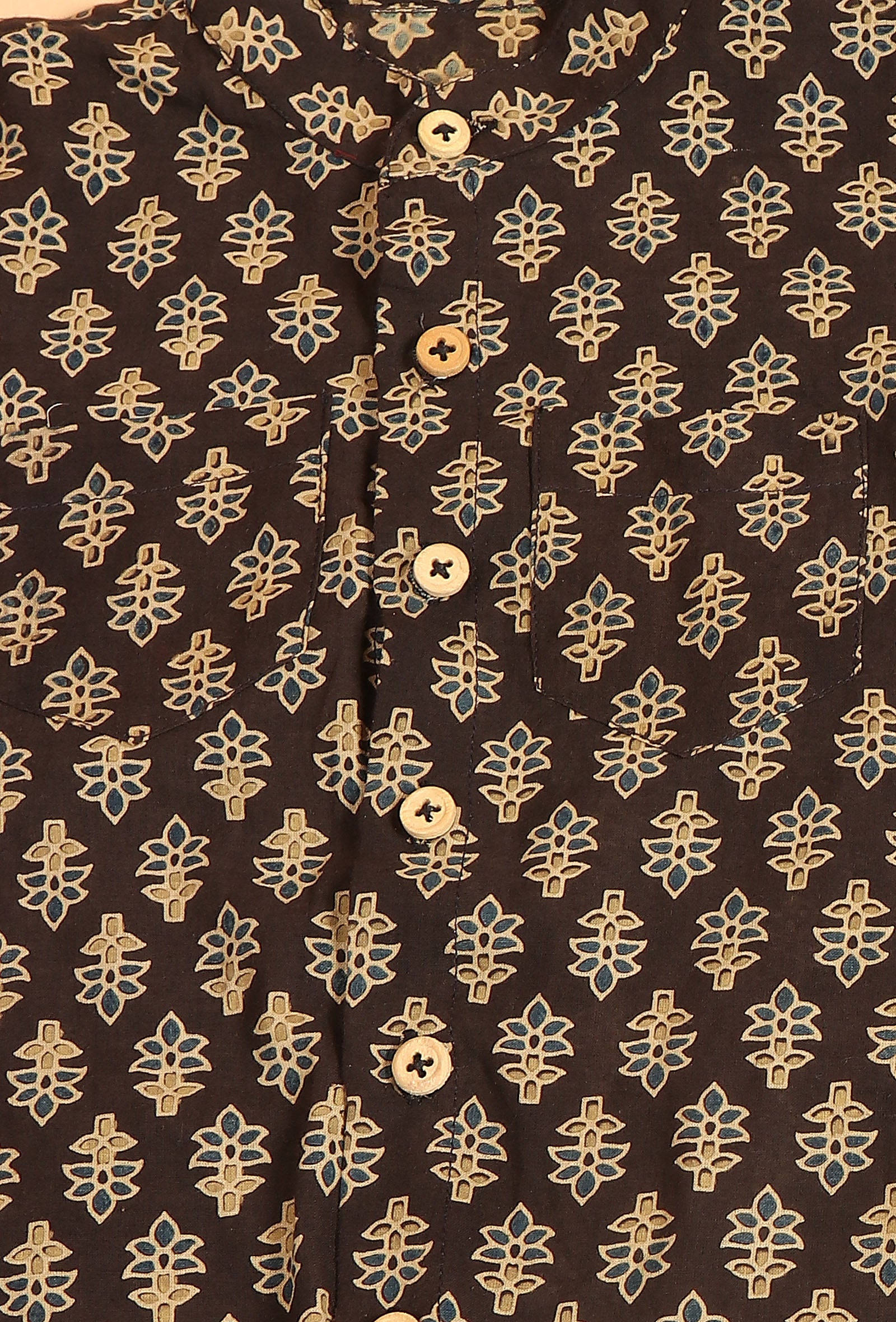 Set Of 3: Moksh Black Cotton Kurta, Pyjama & Ajrakh Print Jacket