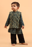 Set of 3: Shray Indigo Cotton Kurta, Black Pyjama & Indigo Ajrakh Print Jacket