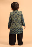 Set of 3: Shray Indigo Cotton Kurta, Black Pyjama & Indigo Ajrakh Print Jacket