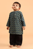Set of 3: Shray Indigo Cotton Kurta, Black Pyjama & Indigo Ajrakh Print Jacket