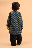 Set of 3: Shray Indigo Cotton Kurta, Black Pyjama & Indigo Ajrakh Print Jacket