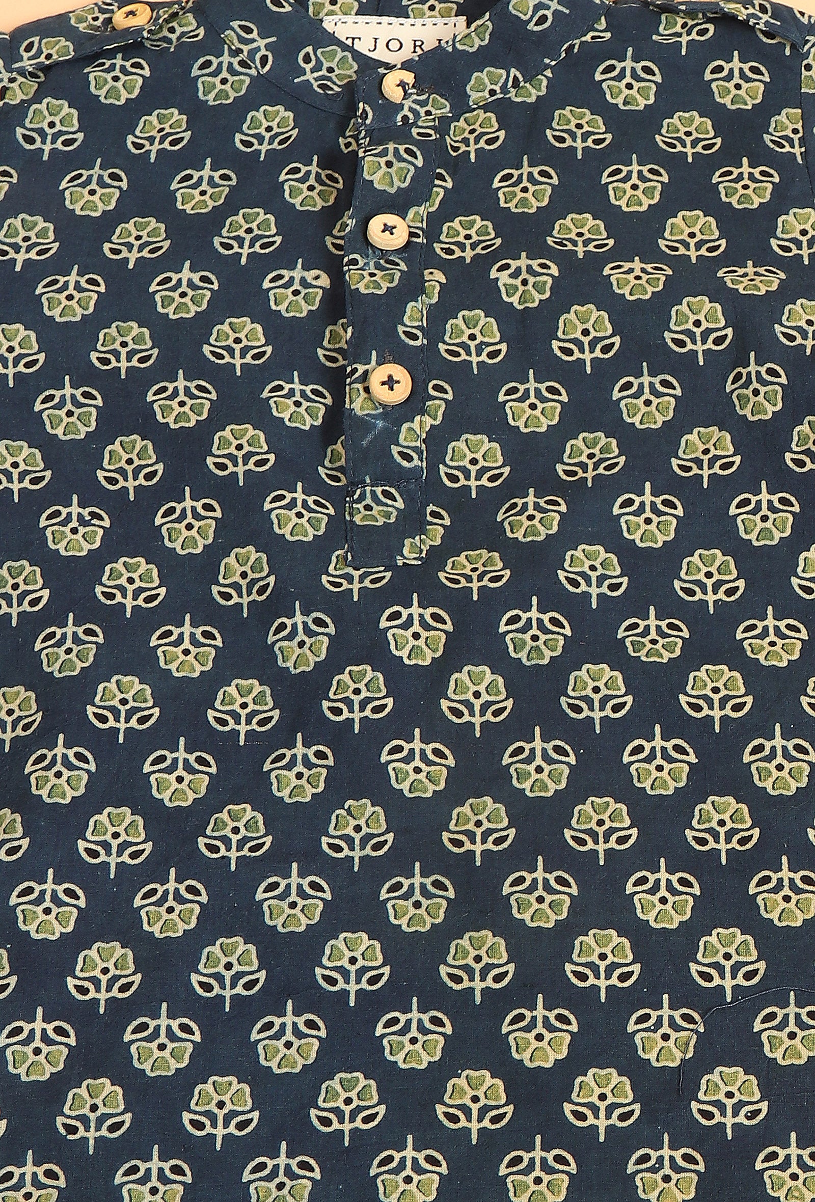 Set of 3: Shray Indigo Cotton Kurta, Black Pyjama & Indigo Ajrakh Print Jacket
