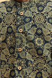 Set of 3: Shray Indigo Cotton Kurta, Black Pyjama & Indigo Ajrakh Print Jacket
