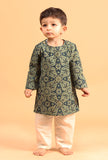 Set Of 3: Taksh Indigo Cotton Kurta, Off White Pyjama & Indigo Print Jacket