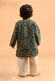 Set Of 3: Taksh Indigo Cotton Kurta, Off White Pyjama & Indigo Print Jacket