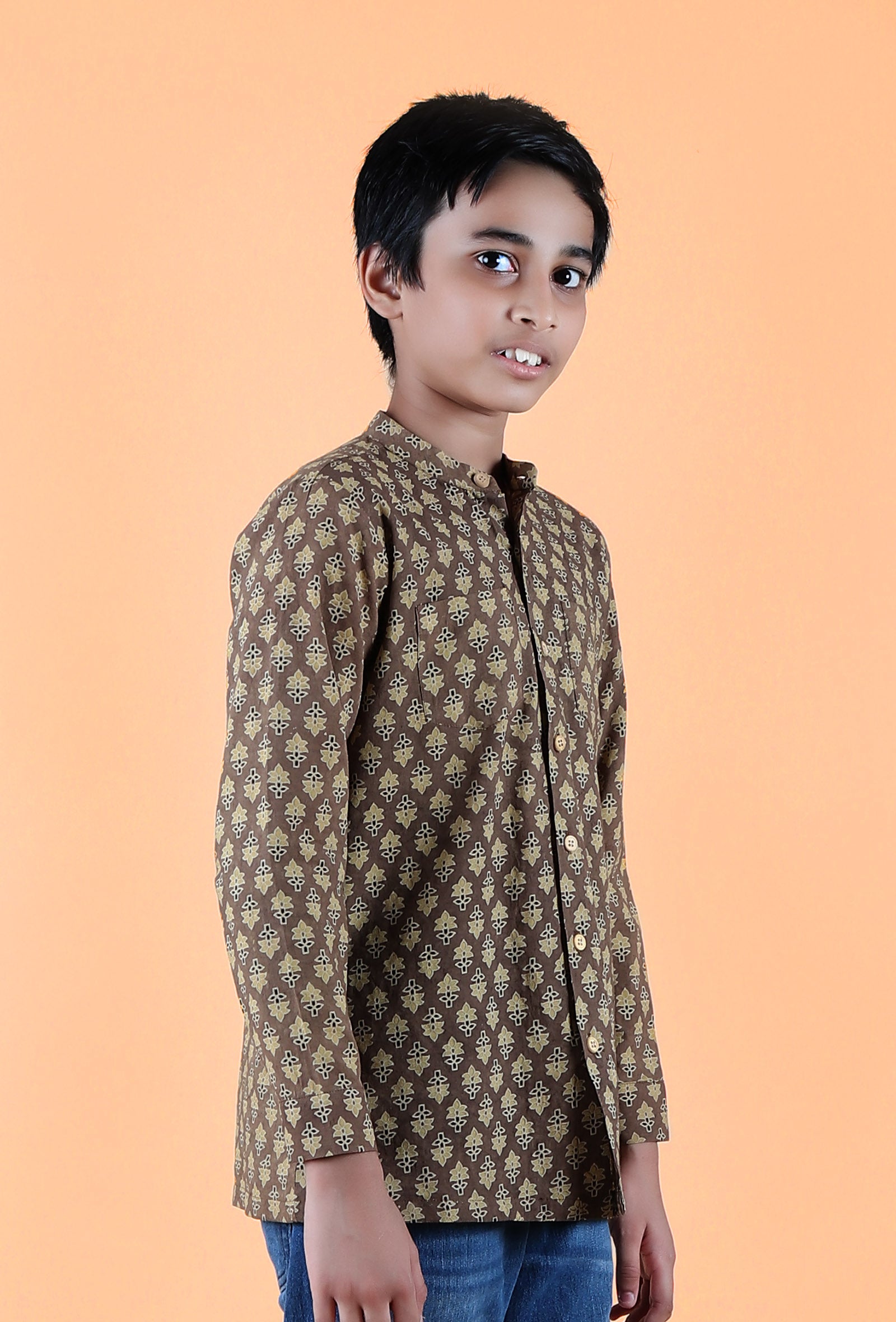 Abe Khaki Ajrakh Print Cotton Super Short Kurta