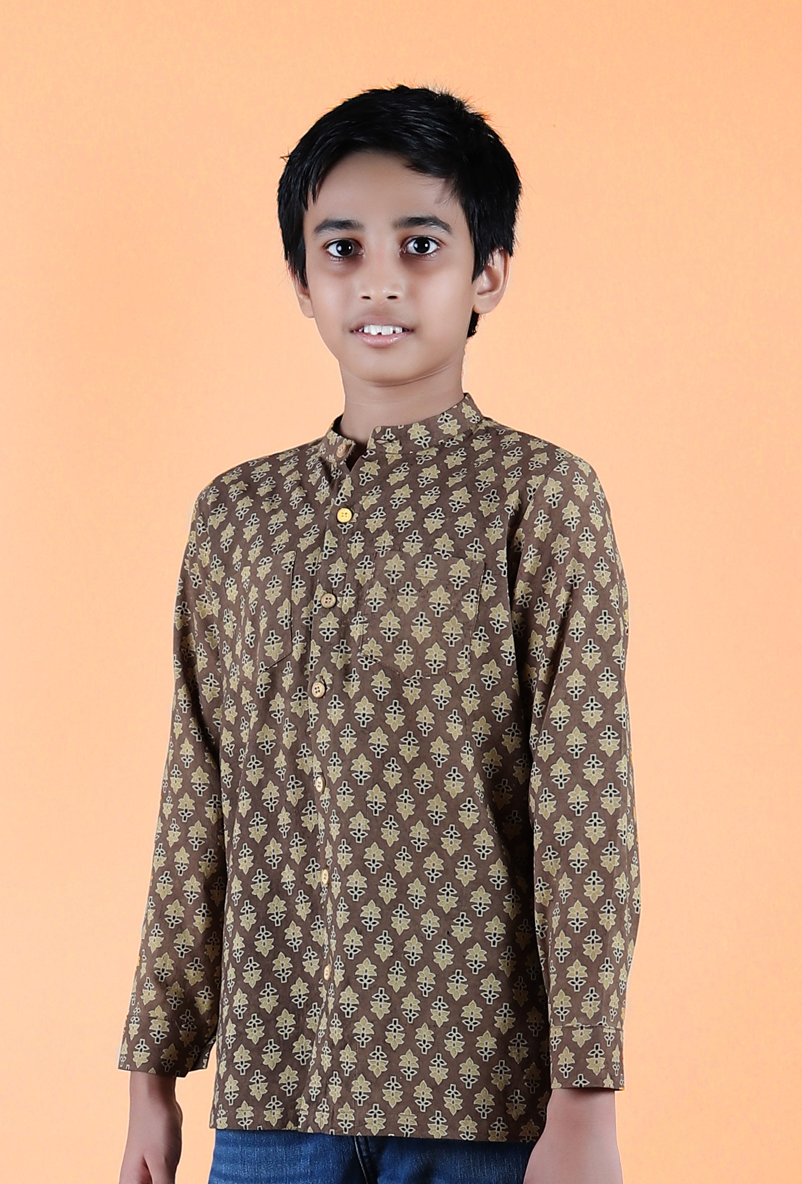 Abe Khaki Ajrakh Print Cotton Super Short Kurta