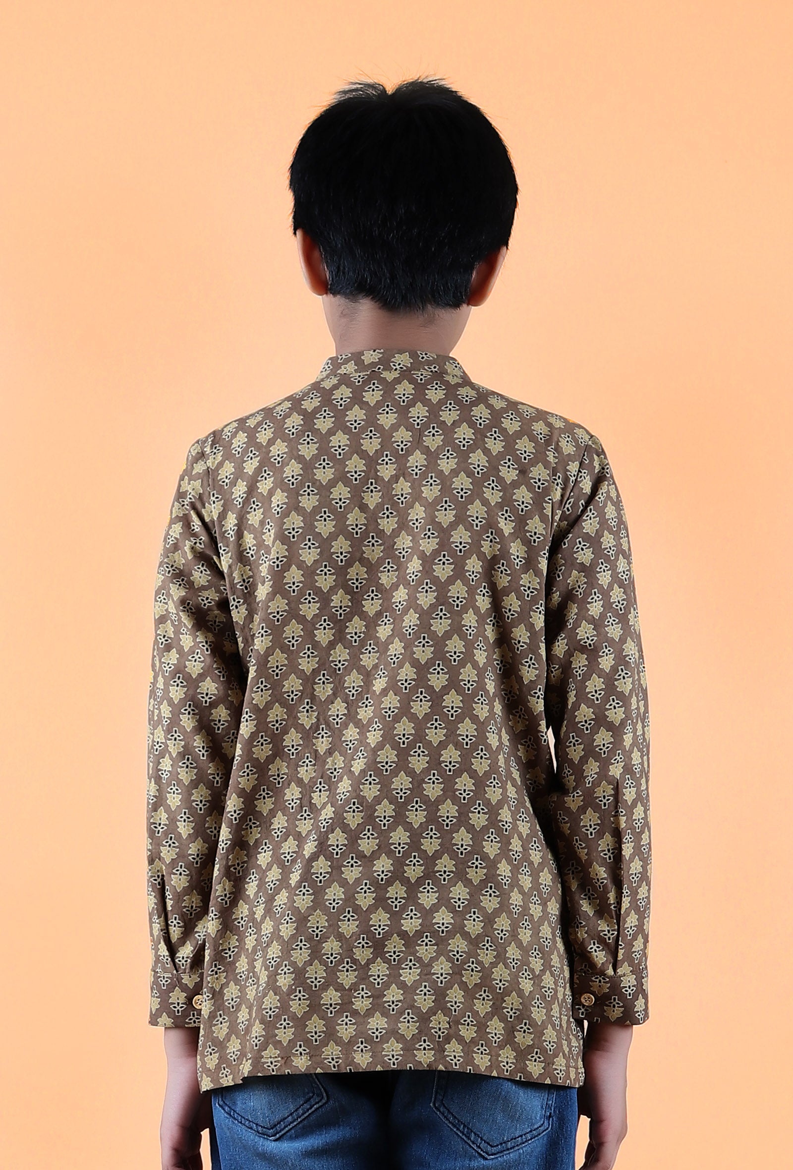 Abe Khaki Ajrakh Print Cotton Super Short Kurta
