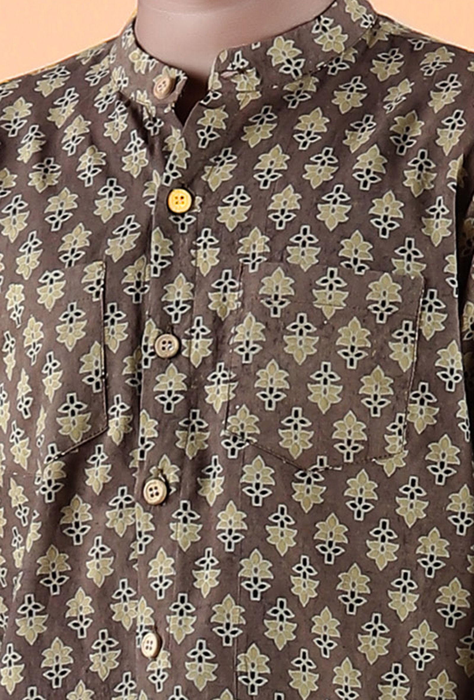 Abe Khaki Ajrakh Print Cotton Super Short Kurta