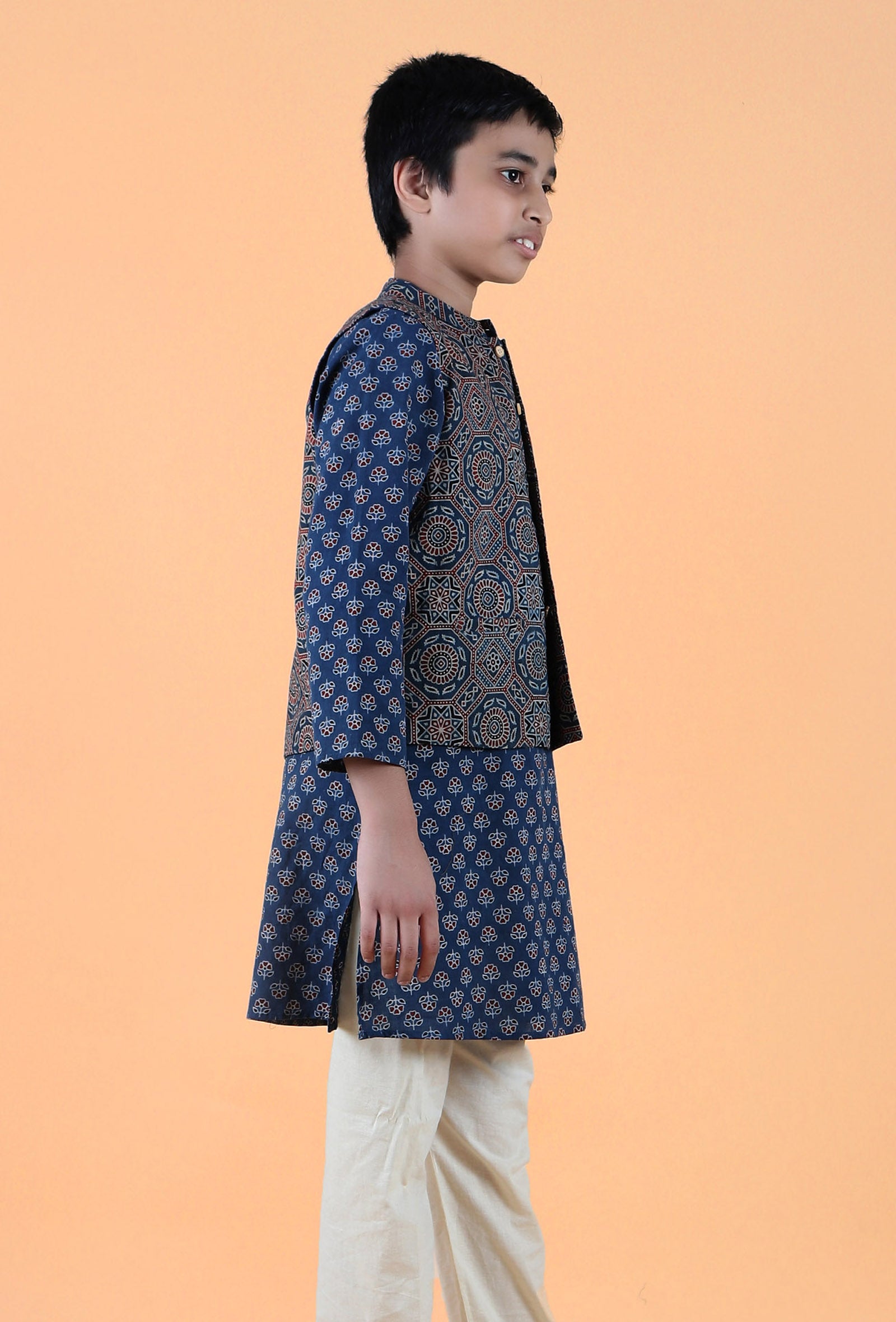 Axel Indigo Ajrakh Print Cotton Nehru Jacket