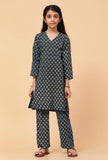 Set Of 2: Indigo Ajrakh Print Cotton Short Kurta & Pant