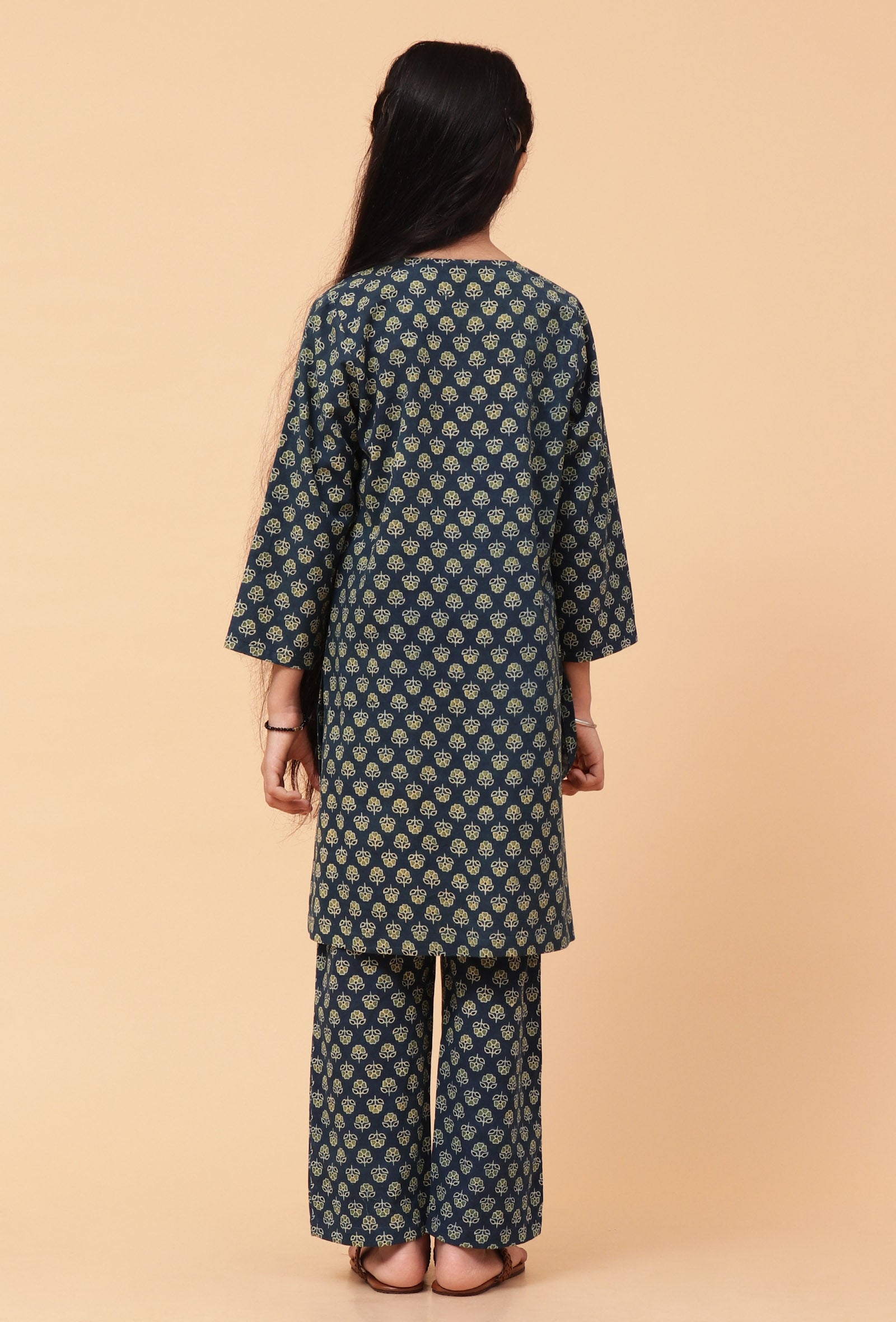 Set Of 2: Indigo Ajrakh Print Cotton Short Kurta & Pant
