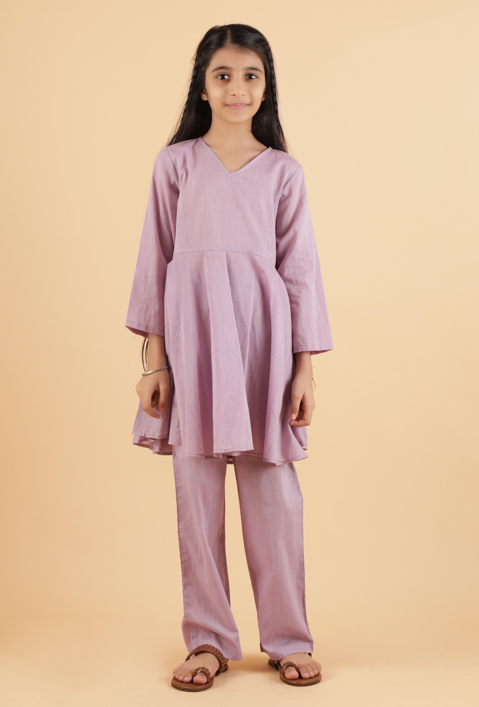 Set Of 2: Light Purple Mulmul Kurta & Mauve Pants