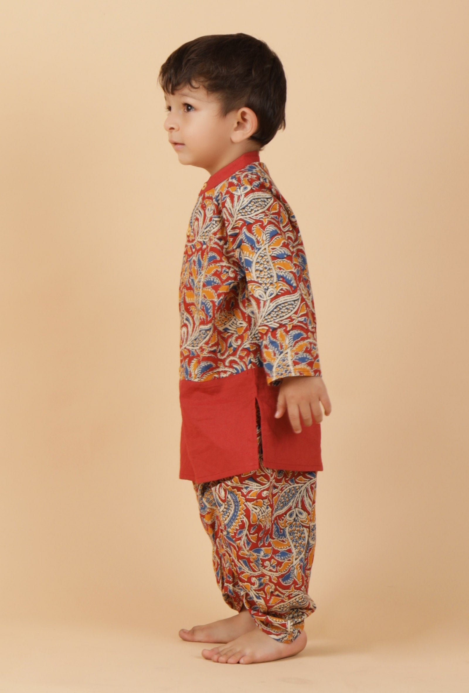 Set Of 2: Tilak Maroon Red Kalamkari Front Open Cotton Kurta & Dhoti