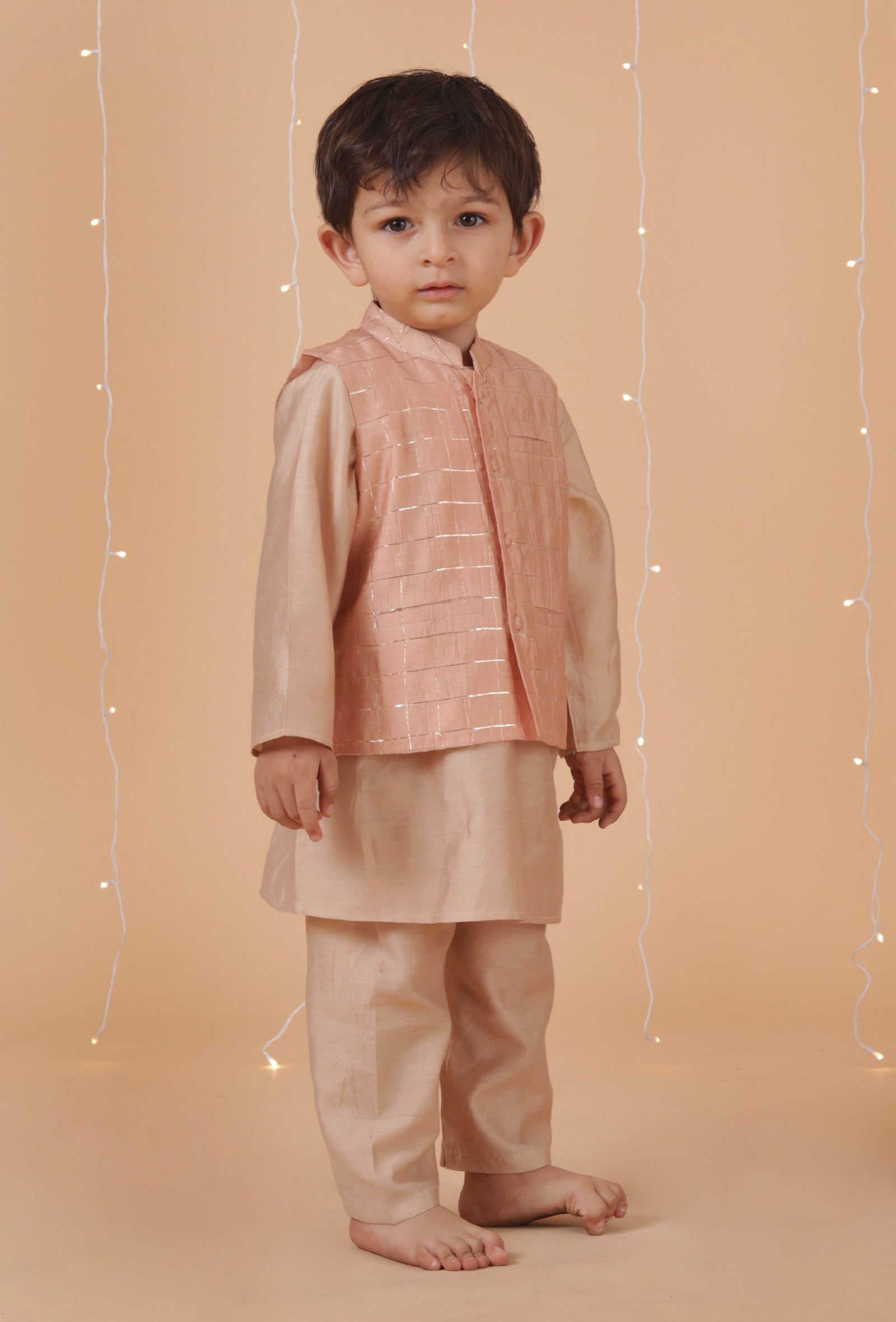 Set Of 3: Champagne Chanderi Kurta, Pajama & Peach Check Nehru Jacket