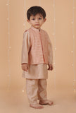 Set Of 3: Champagne Chanderi Kurta, Pajama & Peach Check Nehru Jacket