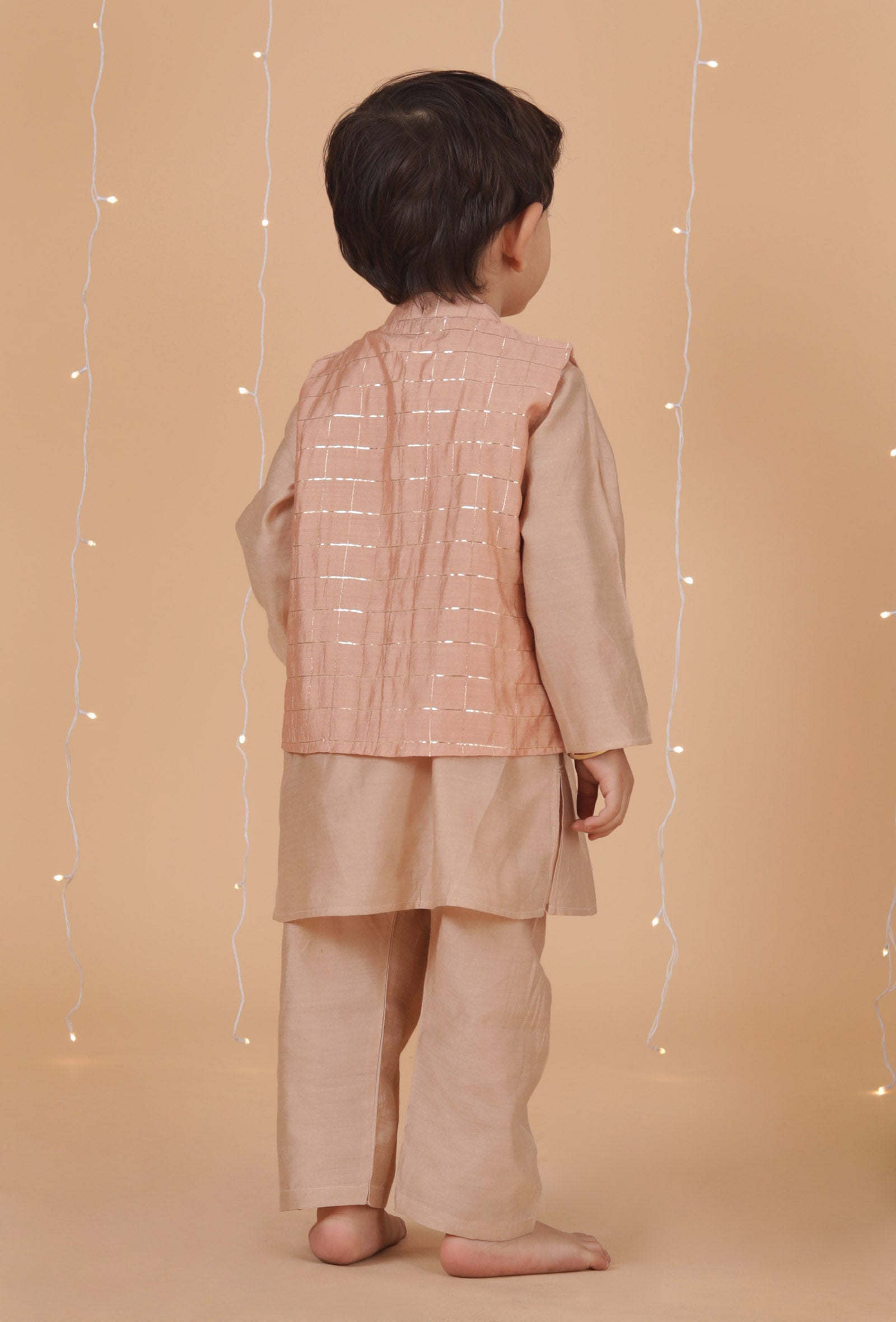 Set Of 3: Champagne Chanderi Kurta, Pajama & Peach Check Nehru Jacket