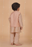 Set Of 3: Champagne Chanderi Kurta, Pajama & Peach Check Nehru Jacket