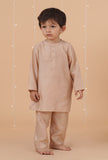 Set Of 3: Champagne Chanderi Kurta, Pajama & Peach Check Nehru Jacket
