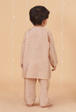 Set Of 3: Champagne Chanderi Kurta, Pajama & Peach Check Nehru Jacket