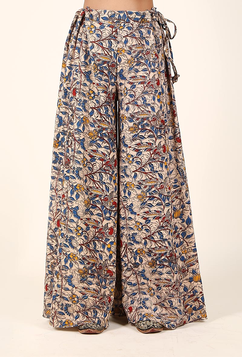 Beige And Blue Kalamkari Cotton Palazzo