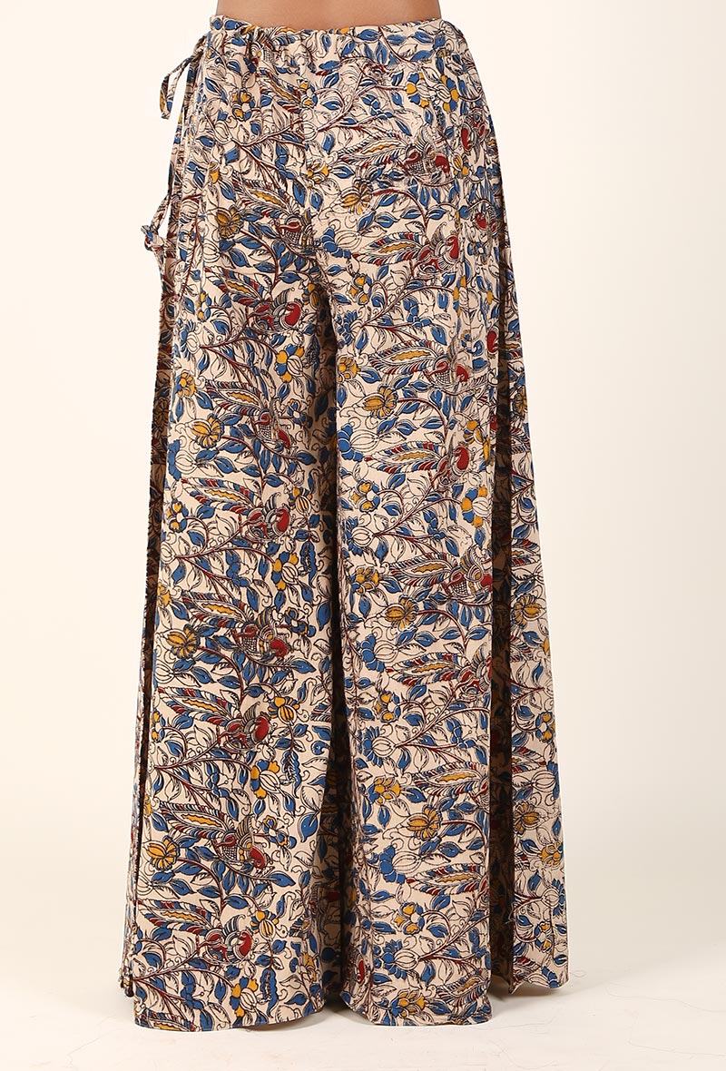 Beige And Blue Kalamkari Cotton Palazzo