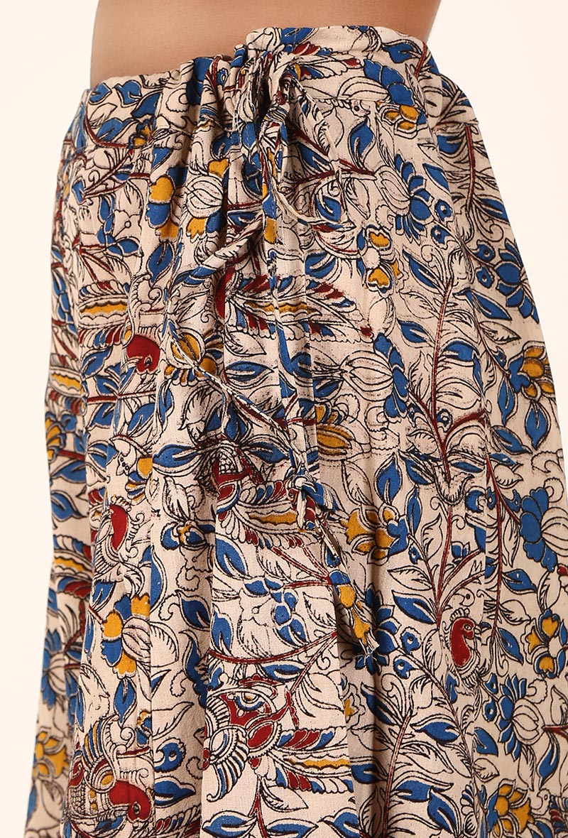 Beige And Blue Kalamkari Cotton Palazzo