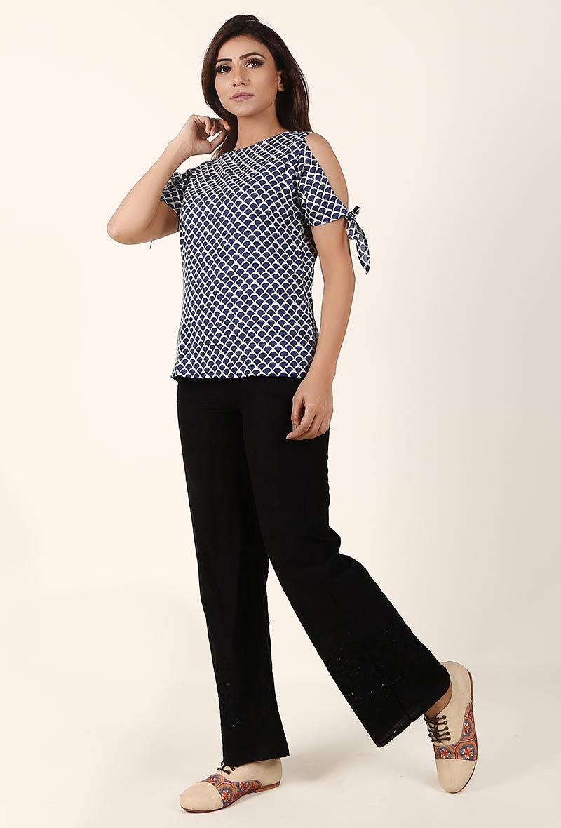 Inky Blue And White Cold Shoulder Bagru Cotton Slub Top