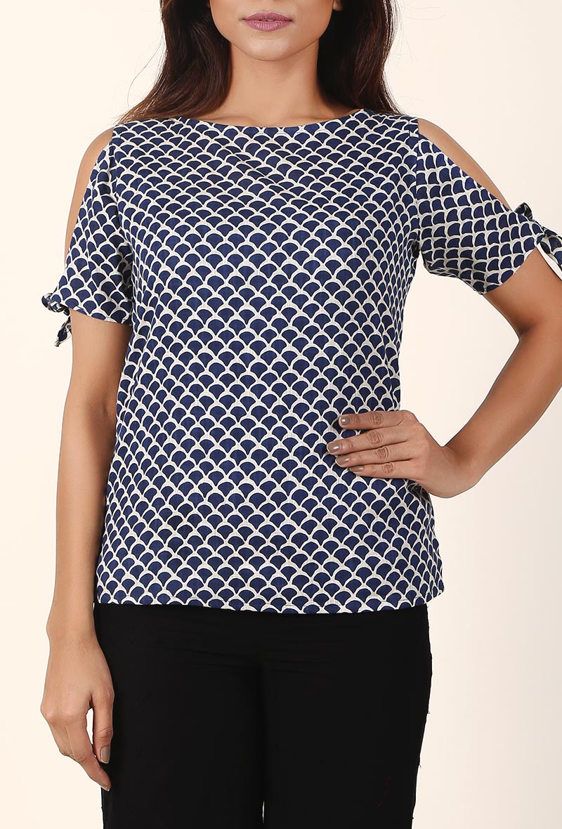 Inky Blue And White Cold Shoulder Bagru Cotton Slub Top