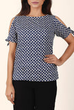 Inky Blue And White Cold Shoulder Bagru Cotton Slub Top