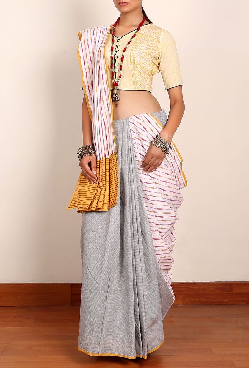 Light Grey & Yellow Ikat South Cotton Saree
