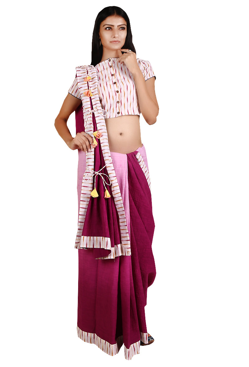 Magenta & White Ombre Handloom Cotton Tie Up Saree